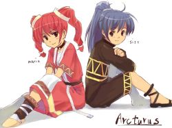 Rule 34 | 1boy, 1girl, arcturus, arcturus: the curse and loss of divinity, blue hair, brown eyes, brown footwear, brown shirt, brown shorts, character name, choker, closed mouth, commentary request, dress, full body, hair between eyes, ikko, looking at viewer, maria (arcturus), maria kates, medium hair, pink dress, pink hair, ponytail, sandals, shirt, short twintails, shorts, simple background, sitting, sizz (arcturus), sizz flair, smile, twintails, white background, white shirt