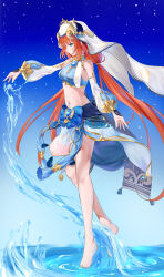 Rule 34 | 1girl, absurdres, ai tudou, aqua eyes, arm at side, bare legs, bare shoulders, barefoot, blue background, blue bow, blue gemstone, blue skirt, bow, bracer, breasts, brooch, crop top, detached sleeves, fake horns, feet, floating hair, full body, gem, genshin impact, gold trim, gradient background, hand up, harem outfit, heel up, highres, horns, hydrokinesis, incredibly absurdres, jewelry, leg up, legs, long hair, long sleeves, looking to the side, low twintails, medium breasts, nail polish, navel, neck ring, nilou (genshin impact), outstretched hand, parted lips, pelvic curtain, profile, puffy long sleeves, puffy sleeves, red hair, sidelocks, skirt, solo, standing, standing on liquid, standing on one leg, stomach, tassel, tiptoes, toenail polish, toenails, toes, twintails, veil, very long hair, water, wet, white headwear, white sleeves
