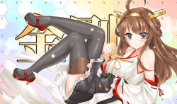 Rule 34 | 10s, 1girl, bare shoulders, black thighhighs, blush, boots, brown hair, detached sleeves, double bun, grey eyes, hair bun, hair ornament, hairband, headgear, high heels, japanese clothes, kantai collection, kongou (kancolle), long hair, miyuki rei, new year, nontraditional miko, personification, skirt, smile, solo, thigh boots, thighhighs