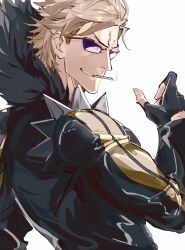 Rule 34 | 1boy, blonde hair, cigarette, fate/grand order, fate (series), fingerless gloves, gloves, highres, jacket, leather, leather jacket, male focus, murkablyad, sakata kintoki (fate), sakata kintoki (rider) (fate), shoulder spikes, smoking, solo, spikes, sunglasses, white background