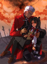 Rule 34 | 1boy, 1girl, archer (fate), bad id, bad pixiv id, black hair, blood, blue eyes, dark-skinned male, dark skin, empew, fate/stay night, fate (series), gears, grey eyes, hair ribbon, height difference, highres, homurahara academy school uniform, injury, ribbon, school uniform, tohsaka rin, twintails, two side up, unlimited blade works (fate), white hair, wince