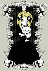 Rule 34 | 1girl, black dress, black nails, blonde hair, character name, child, copyright name, cross, crossed arms, dress, eyelashes, flower, goth fashion, hair ornament, highres, holding, holding stuffed toy, lenore, lenore lynchfast, limited palette, nail polish, rose, shizuki sayaka, skull hair ornament, solo, standing, stuffed toy, yellow eyes