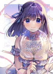 Rule 34 | 1girl, absurdres, blue eyes, blush, branch, breasts, closed mouth, cloud, dated, dress, ear piercing, frilled dress, frills, geshumaro, hair ribbon, happy birthday, highres, holding, jewelry, large breasts, medium hair, original, piercing, purple dress, purple hair, ribbon, signature, solo, strapless, strapless dress, upper body