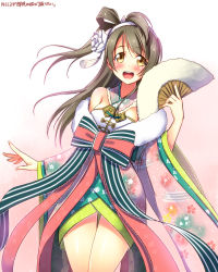 Rule 34 | 10s, 1girl, :d, alternate costume, blush, brown eyes, brown hair, dated, hand fan, flower, hair flower, hair ornament, hairband, highres, long hair, love live!, love live! school idol festival, love live! school idol project, minami kotori, open mouth, ribbon, side ponytail, smile, solo, thigh gap, thighs, yu-ta