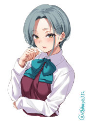Rule 34 | 1girl, aqua bow, aqua bowtie, blue bow, blue bowtie, blush, bow, bowtie, bracelet, breasts, cowboy shot, dress, ebifurya, forehead, grey hair, hair behind ear, halterneck, highres, jewelry, kantai collection, lips, long sleeves, looking at viewer, mole, mole on neck, one-hour drawing challenge, open mouth, pleated dress, school uniform, serafuku, shirt, short hair, simple background, small breasts, solo, swept bangs, tamanami (kancolle), twitter username, upper body, white background, white shirt, yellow eyes