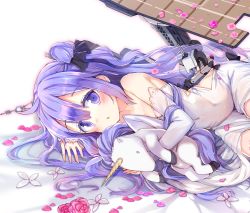 Rule 34 | 1girl, ahoge, azur lane, bare shoulders, bed sheet, black bow, black ribbon, blush, bouquet, bow, covered navel, detached sleeves, dress, flight deck, flower, hair between eyes, hair bun, hair ribbon, highres, jin young-in, long hair, long sleeves, looking at viewer, lying, hugging object, on side, one side up, parted lips, petals, pink flower, pink rose, purple eyes, purple flower, purple hair, purple rose, ribbon, ring box, rose, side bun, single hair bun, single side bun, sleeves past wrists, solo, stuffed animal, stuffed pegasus, stuffed toy, stuffed unicorn, stuffed winged unicorn, unicorn (azur lane), very long hair, white dress, white flower, yellow flower