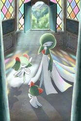 artist_name bob_cut bowl_cut closed_eyes colored_skin creatures_(company) dress evolutionary_line game_freak gardevoir gen_3_pokemon green_hair green_skin hair_over_one_eye highres kirlia multicolored_skin nintendo omochi_(aoi_guruguru) pokemon pokemon_(creature) ralts sidelocks two-tone_skin white_dress white_skin window