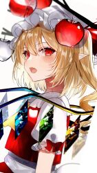 Rule 34 | 1girl, apple, blonde hair, commentary, crystal, fang, flandre scarlet, food, fruit, hat, highres, looking at viewer, mob cap, open mouth, red apple, red eyes, red vest, sakizaki saki-p, shirt, short sleeves, simple background, skin fang, solo, touhou, upper body, vest, white background, white hat, white shirt, wings