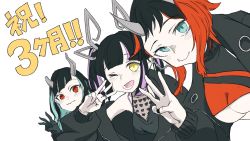 Rule 34 | 3girls, black gloves, black hair, black jacket, black nails, black shirt, black sports bra, blouse, blue eyes, blue hair, blunt bangs, breasts, cleavage, closed mouth, commentary request, demon girl, demon horns, ear chain, fang, fang out, gin (tttetu123), gloves, heart, heart print, highres, horns, jacket, jewelry, kojo anna, kojo anna (1st costume), large breasts, long hair, long sleeves, looking at viewer, medium breasts, multicolored hair, multiple girls, nail polish, nanashi inc., open clothes, open jacket, open mouth, pointy ears, purple hair, red eyes, red hair, red sports bra, ring, ryugasaki rene, see-through, see-through cleavage, see-through shirt, shirt, shishio chris, short hair, simple background, skin fang, sleeveless, sleeveless shirt, smile, sports bra, sugar lyric, two-tone hair, underboob, upper body, virtual youtuber, w, white background, yellow eyes