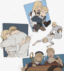 Rule 34 | 1boy, 1girl, alternate hair length, alternate hairstyle, armor, blonde hair, blue hat, blush, breasts, brother and sister, carrying, closed eyes, closed mouth, dress, dungeon meshi, facial hair, falin touden, falin touden (tallman), grey dress, grey shirt, hat, holding, holding staff, hug, laios touden, long hair, medium breasts, mimic, mimic chest, multiple views, open mouth, piggyback, shirt, short hair, siblings, staff, su (grebluyon), sweat, translation request