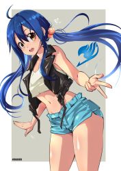 Rule 34 | 1girl, absurdres, ahoge, animahakim, artist name, bare shoulders, black vest, blue hair, breasts, fairy tail, hair between eyes, hair bobbles, hair ornament, hair over eyes, heart, highres, looking at viewer, looking to the side, midriff, navel, open mouth, shiny skin, shirt, short shorts, shorts, sleeveless, sleeveless shirt, small breasts, solo, tank top, teeth, thick thighs, thighs, twintails, two-tone background, upper teeth only, v, vest, wendy marvell, white shirt, yellow eyes