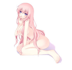 Rule 34 | 1girl, bad id, bad pixiv id, barefoot, blue eyes, breasts, cleavage, feet, finger to mouth, full body, highres, large breasts, legs, long hair, megurine luka, nana mikoto, nipples, nude, pink hair, simple background, solo, very long hair, vocaloid