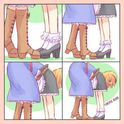 Rule 34 | 1girl, 4koma, alice margatroid, apron, bent over, blonde hair, blue dress, boots, bow, comic, commentary, cosplay, dress, frilled socks, frills, hair bow, highres, implied kiss, kirisame marisa, kirisame marisa (cosplay), lonely, lower body, meme, optical illusion, parody, holding shoes, short hair, silent comic, socks, solo, standing, touhou, waist apron, yoruny