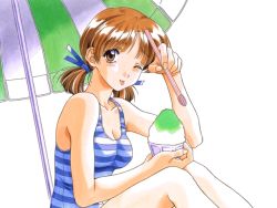Rule 34 | 1990s (style), 1girl, adachi taeko, beach umbrella, blouse, blue one-piece swimsuit, breasts, cleavage, food, freckles, from side, kai tomohisa, one-piece swimsuit, one eye closed, painting (medium), parasol, parted bangs, retro artstyle, sentimental graffiti, shaved ice, shirt, simple background, sitting, solo, striped clothes, striped one-piece swimsuit, striped shirt, swimsuit, tongue, traditional media, umbrella, watercolor (medium), white background, white one-piece swimsuit