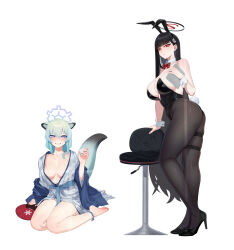 Rule 34 | 2girls, absurdres, animal ears, ass, bare shoulders, barefoot, black footwear, black hair, black pantyhose, blue archive, blue hair, blush, bow, bowtie, breasts, cleavage, detached collar, fake animal ears, grin, hair ornament, hairclip, halo, hand fan, high heels, highres, holding, holding fan, japanese clothes, jdw, kimono, large breasts, long hair, looking at viewer, multiple girls, pantyhose, purple eyes, rabbit ears, rabbit tail, red eyes, rio (blue archive), shigure (blue archive), shigure (hot spring) (blue archive), short hair, simple background, sitting, smile, stool, table, tail, thigh strap, white background, wrist cuffs
