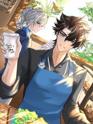 Rule 34 | 2boys, apron, black hair, blue apron, blue eyes, bread, bread slice, cafe, collared shirt, contemporary, cup, disposable cup, dutch angle, food, genshin impact, hair between eyes, highres, looking at viewer, male focus, morning, multicolored hair, multiple boys, neuvillette (genshin impact), paper, plant, shirt, short hair, smile, streaked hair, tanemaki monaka, white hair, wriothesley (genshin impact)