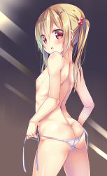 Rule 34 | 1girl, akito 9999, ass, back, bikini, blonde hair, blush, breasts, butt crack, from behind, hair bobbles, hair ornament, highres, long hair, looking at viewer, looking back, nipples, open mouth, original, red eyes, side-tie bikini bottom, small breasts, solo, swimsuit, topless, twintails, untied bikini, white bikini