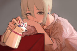 Rule 34 | 1girl, blue nails, commentary request, earrings, figure, grey background, grey eyes, grey hair, hair between eyes, head rest, highres, idolmaster, idolmaster cinderella girls, jewelry, looking at viewer, nail polish, pink shirt, shioda (shioda 5), shiomi syuko, shirt, short hair, sketch, sleeves rolled up, smile, solo, upper body