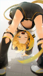 Rule 34 | 1boy, arm support, arm warmers, artist name, belt, black shorts, blonde hair, blue eyes, blurry, chromatic aberration, commentary, depth of field, eyes visible through hair, foreshortening, gotou (nekocat), highres, kagamine len, kagamine len (vocaloid4), leg warmers, looking at viewer, looking through own legs, nail polish, navel, necktie, one eye closed, open mouth, sailor collar, shirt, short sleeves, shorts, simple background, smile, solo, teeth, top-down bottom-up, upper teeth only, v4x, vocaloid, white background, white footwear, white shirt, yellow nails