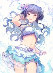 Rule 34 | 1girl, :d, black hair, blunt bangs, blush, brown eyes, face, hand up, hat, highres, idolmaster, idolmaster shiny colors, layered skirt, long hair, looking at viewer, mayuzumi fuyuko, midriff, mini hat, navel, open mouth, pleated skirt, puffy short sleeves, puffy sleeves, sailor hat, see-through, see-through sleeves, shiba 0, short sleeves, skirt, smile, standing, tilted headwear, water, white background, white hat, white skirt, wrist cuffs