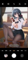 Rule 34 | 1girl, absurdres, ahoge, areola slip, azur lane, bikini, black bow, black hair, black skirt, blush, bottle, bow, breasts, brown pantyhose, collared shirt, desk, fake phone screenshot, fake screenshot, feet, foot out of frame, glass bottle, heart, heart-shaped pupils, highres, holding, holding bottle, huge ahoge, large breasts, long hair, long sleeves, looking at viewer, miniskirt, nail polish, official alternate costume, on desk, pantyhose, partially unbuttoned, pleated skirt, red eyes, red nails, school uniform, shirt, shirt tucked in, skirt, solo, swimsuit, symbol-shaped pupils, taihou (azur lane), taihou (seaside daydreams) (azur lane), taihou (sweet time after school) (azur lane), taking picture, toes, v, white bikini, white shirt, zhanggong