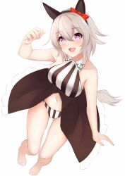 Rule 34 | 1girl, adapted costume, animal ears, bare shoulders, barefoot, bikini, black hairband, blush, bow, breasts, commentary request, curren chan (umamusume), ear bow, ear covers, feet, full body, gluteal fold, grey hair, hair between eyes, hairband, highres, horse ears, horse girl, horse tail, large breasts, looking at viewer, miya star saa, navel, open mouth, red bow, short hair, simple background, smile, solo, striped bikini, striped clothes, swimsuit, tail, toes, umamusume, vertical-striped bikini, vertical-striped clothes, white background