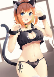 Rule 34 | 1girl, animal ears, bell, black bra, black panties, blue eyes, bra, breasts, cat cutout, cat ear panties, cat ears, cat girl, cat lingerie, cat tail, choker, cleavage cutout, clothing cutout, commentary request, fake animal ears, fake tail, fur trim, go-toubun no hanayome, halloween, highres, hofumaso, large breasts, lingerie, looking at viewer, medium hair, meme attire, nakano yotsuba, navel, neck bell, open mouth, orange hair, panties, paw pose, side-tie panties, smile, solo, tail, teeth, thighhighs, underwear, underwear only, white thighhighs