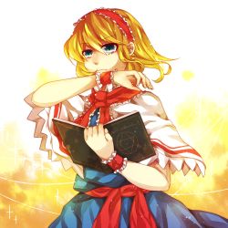 Rule 34 | 1girl, alice margatroid, bad id, bad pixiv id, blonde hair, book, cape, frills, green eyes, grimoire, grimoire of alice, hairband, hanaon, short hair, solo, touhou, wrist cuffs
