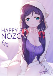 Rule 34 | 1girl, animal ears, animal hood, bed, between legs, blue eyes, blush, bow, breasts, character name, closed mouth, collarbone, commentary request, dated, dress, hair bow, hand between legs, happy birthday, hood, hood up, hooded jacket, jacket, langbazi, large breasts, long hair, long sleeves, love live!, love live! school idol festival, love live! school idol project, on bed, open clothes, open jacket, pillow, purple dress, purple hair, red bow, ribbon-trimmed dress, ribbon trim, signature, sitting, smile, solo, tojo nozomi, very long hair, white jacket