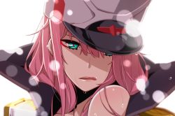 Rule 34 | 10s, 1girl, :q, darling in the franxx, green eyes, hat, long hair, looking at viewer, peaked cap, pink hair, simple background, solo, tongue, tongue out, upper body, wet, white background, yamanami kousuke, zero two (darling in the franxx)