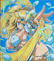 Rule 34 | 1girl, arms up, bad anatomy, beads, blonde hair, blue background, blue eyes, blush, breasts, cleavage, dancing, covered erect nipples, flower, gem, hair beads, hair flower, hair ornament, jewelry, large breasts, leaning forward, looking at viewer, marker (medium), petals, ring, sennen sensou aigis, solo, soune1000, traditional media, vivian (sennen sensou aigis)