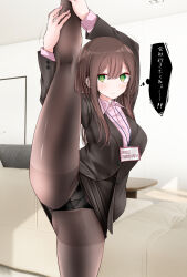 Rule 34 | 1girl, @ @, arms up, black jacket, black pantyhose, black skirt, blush, breasts, brown hair, brown pantyhose, closed mouth, collared shirt, commentary request, eyelashes, feet out of frame, fine fabric emphasis, formal, green eyes, hair between eyes, hands on own leg, highres, indoors, jacket, kneepits, large breasts, legs, long hair, long sleeves, nail polish, office lady, ol-chan (oouso), oouso, original, panties, panties under pantyhose, pantyhose, photo background, pink nails, pink shirt, shirt, skirt, skirt suit, solo, split, standing, standing on one leg, standing split, suit, thighs, thought bubble, torn clothes, torn pantyhose, underwear