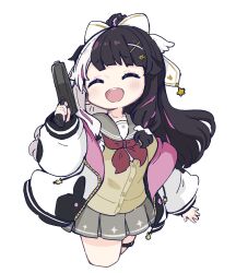 Rule 34 | 1girl, :d, ^ ^, black hair, blush, brown cardigan, cardigan, chibi, closed eyes, commentary, cropped legs, facing viewer, grey hair, grey sailor collar, grey skirt, gun, hair ornament, hairclip, handgun, highres, holding, holding gun, holding weapon, hood, hood down, hooded jacket, jacket, long hair, long sleeves, multicolored hair, neckerchief, nijisanji, nozo (hitomiz), open clothes, open jacket, open mouth, pink hair, pleated skirt, ponytail, puffy long sleeves, puffy sleeves, red neckerchief, sailor collar, simple background, skirt, smile, solo, star (symbol), symbol-only commentary, teeth, two-tone hair, upper teeth only, very long hair, virtual youtuber, weapon, weapon request, white background, white jacket, x hair ornament, yorumi rena, yorumi rena (9th costume)