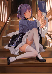 Rule 34 | 1girl, black footwear, black hairband, black skirt, book, closed mouth, fkey, hair ribbon, hairband, highres, holding, holding book, indoors, long sleeves, looking at viewer, original, purple hair, purple shirt, red eyes, ribbon, shirt, shoes, signature, sitting, skirt, solo, stairs, thighhighs, thighs, white thighhighs