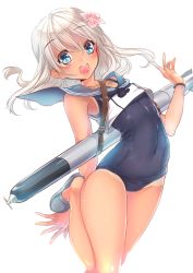 Rule 34 | 10s, 1girl, bad id, bad pixiv id, blonde hair, blue eyes, blush, bracelet, collarbone, covered navel, crop top, flat chest, flower, hair flower, hair ornament, jewelry, kantai collection, kyara36, leg up, long hair, looking at viewer, one-piece swimsuit, one-piece tan, open mouth, ro-500 (kancolle), school swimsuit, school uniform, serafuku, simple background, slippers, solo, swimsuit, swimsuit under clothes, tan, tanline, thighs, torpedo, white background