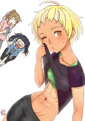 Rule 34 | 3girls, puff of air, @ @, abs, bare arms, bike shorts, black hair, blonde hair, brown hair, chikatetsu ni noru!, closed mouth, clothes lift, dutch angle, exhausted, gloom (expression), groin, high ponytail, kishida shiki, leaning forward, lifting own clothes, long sleeves, looking at another, looking at viewer, matsuga saki, medium hair, multicolored hair, multiple girls, navel, one eye closed, ono misa, open clothes, orange eyes, purple hair, red hair, shirt, shirt lift, short hair, short sleeves, simple background, sports bra, standing, stomach, tan, toned, two-tone hair, two side up, uzumasa moe, white background, | |