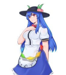 Rule 34 | 1girl, absurdres, averageairhead, black headwear, blue hair, blue skirt, bow, bowtie, breasts, closed mouth, commentary, commission, english commentary, full body, hand on own chest, highres, hinanawi tenshi, long hair, looking at viewer, medium breasts, peach hat ornament, red bow, red bowtie, red eyes, short sleeves, sidelocks, simple background, skirt, smile, solo, touhou, white background