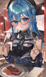 Rule 34 | 1girl, absurdres, black shirt, blue eyes, blue hair, blue jacket, blush, closed mouth, collared shirt, commentary request, eating, food, green ribbon, hair between eyes, hair ornament, hair ribbon, hat, highres, hololive, hoshimachi suisei, hoshimachi suisei (streetwear), indoors, jacket, long hair, long sleeves, looking at viewer, meat, nail polish, neck ribbon, one side up, orange nails, plate, ribbon, shirt, solo, star (symbol), star hair ornament, star in eye, symbol in eye, upper body, virtual youtuber, yoru uyo