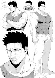 Rule 34 | 1boy, bara, bare arms, beard, beard stubble, black tank top, boku no hero academia, chibi, chibi inset, deformed, endeavor (boku no hero academia), facial hair, gold 5610, greyscale, highres, large pectorals, looking ahead, looking to the side, male focus, mature male, monochrome, multiple views, muscular, muscular male, pants, pectoral cleavage, pectorals, profile, scar, scar across eye, short hair, sideburns, sidepec, spiked hair, standing, striped tank top, stubble, tank top, thick eyebrows, track pants, turning head