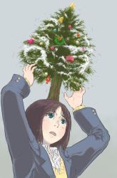 Rule 34 | 1girl, arms up, blouse, brown hair, christmas, christmas ornaments, christmas stocking, christmas tree, christmas wreath, collared shirt, crying, green eyes, hands up, looking up, open mouth, shirt, short hair, simple background, solo, tears, what, white shirt, wreath, ymr