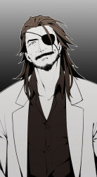 Rule 34 | 10s, 1boy, eugene (granblue fantasy), eyepatch, facial hair, gradient background, granblue fantasy, long hair, looking at viewer, male focus, mustache, oigen, red hair, smile, solo, tkhs