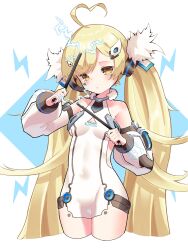Rule 34 | 1girl, ahoge, azur lane, bare shoulders, blonde hair, blush, breasts, character name, covered navel, cropped legs, detached sleeves, dress, eldridge (azur lane), electricity, facial mark, hands up, heart, heart ahoge, highres, lightning bolt symbol, long hair, marimo daifuku, parted lips, puffy sleeves, simple background, small breasts, solo, twintails, very long hair, white dress, yellow eyes