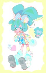 Rule 34 | 1girl, :3, absurdres, black footwear, blue bow, blue eyes, blue hair, blue leg warmers, bow, bright pupils, chibi, chibi inset, cinnamiku, cinnamoroll, commentary, detached sleeves, dress, fang, flower, flower-shaped pupils, hair bow, hand on own chest, hatsune miku, heart, highres, leaning forward, leg warmers, looking at viewer, oki3, open mouth, pink flower, sanrio, smile, solo focus, symbol-only commentary, symbol-shaped pupils, twintails, updo, vocaloid, white background, white pupils, yellow flower