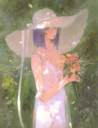 Rule 34 | 1boy, bare shoulders, collarbone, crossdressing, day, dress, flower, from side, gundam, gundam 00, hair between eyes, highres, holding, holding flower, huangdanlan, lips, looking at viewer, male focus, mechanical arms, medium hair, outdoors, petals, plant, prosthesis, prosthetic arm, purple hair, red eyes, rose, shadow, solo, standing, sunlight, tieria erde, trap, white dress, white flower, white headwear, white rose