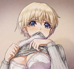 1girl blonde_hair blue_eyes blush bra brave_witches breasts cleavage clothes_lift embarrassed grey_sweater large_breasts long_sleeves looking_at_viewer memory_(prophet5) nikka_edvardine_katajainen short_hair solo sweater sweater_lift tears underwear upper_body white_bra world_witches_series