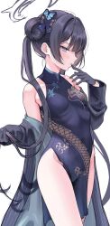 Rule 34 | 1girl, bare shoulders, black dress, black gloves, black jacket, blue archive, blush, breasts, butterfly hair ornament, china dress, chinese clothes, dragon print, dress, gloves, grey eyes, hair bun, hair ornament, halo, highres, jacket, kisaki (blue archive), long hair, looking at viewer, pelvic curtain, print dress, simple background, sketch, sleeveless, sleeveless dress, small breasts, solo, striped clothes, striped jacket, takio (kani sama), thighs, twintails, vertical-striped clothes, vertical-striped jacket, white background