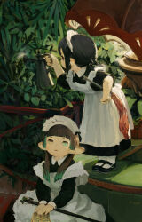 Rule 34 | 2girls, absurdres, apron, black dress, black footwear, black hair, brown eyes, brown hair, dress, duster, final fantasy, final fantasy xiv, foliage, green eyes, heterochromia, highres, holding, holding watering can, indoors, lalafell, looking at viewer, looking to the side, maid, maid apron, maid headdress, multicolored hair, multiple girls, open mouth, pointy ears, red eyes, shacoco, sitting, sitting on stairs, socks, stairs, two-tone hair, watering can, white headdress, white socks