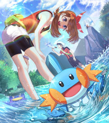 Rule 34 | 1boy, 1girl, :d, bent over, bike shorts, black shorts, blue eyes, blue sky, bow, bow hairband, bracelet, brendan (pokemon), brown hair, cloud, collarbone, creatures (company), day, game freak, gen 3 pokemon, hair bow, hairband, hands on own knees, highres, jewelry, lens flare, long hair, looking at viewer, lotad, may (pokemon), mudkip, nintendo, open mouth, outdoors, pantyhose, pantyhose under shorts, pokemon, pokemon (creature), pokemon oras, red bow, red hairband, red shirt, shirt, short shorts, short sleeves, shorts, shorts under shorts, sky, sleeveless, sleeveless shirt, smile, soaking feet, sueon00, summer, wading, white headwear, white shorts, wingull