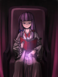 Rule 34 | 1girl, bad id, bad pixiv id, book, bow, colored eyelashes, female focus, fingernails, glowing, hair bow, hair ribbon, highres, hitoto, long hair, magic, no headwear, open book, patchouli knowledge, purple hair, reading, ribbon, sitting, solo, touhou