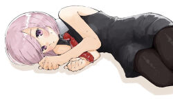 Rule 34 | 1girl, bare shoulders, black pantyhose, blush, collared dress, dress, fate/grand order, fate (series), light purple hair, looking at viewer, lying, mash kyrielight, necktie, on side, pantyhose, purple eyes, red necktie, short hair, simple background, sleeveless, sleeveless dress, solo, sweat, tenoo12, white background